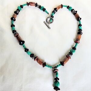 Turquoise and Brown Beaded Women's Necklace - Handmade Style